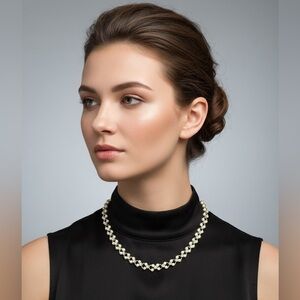 Vintage Style Gold Tone Faux Pearl & Rhinestone Link Choker Necklace Bridal